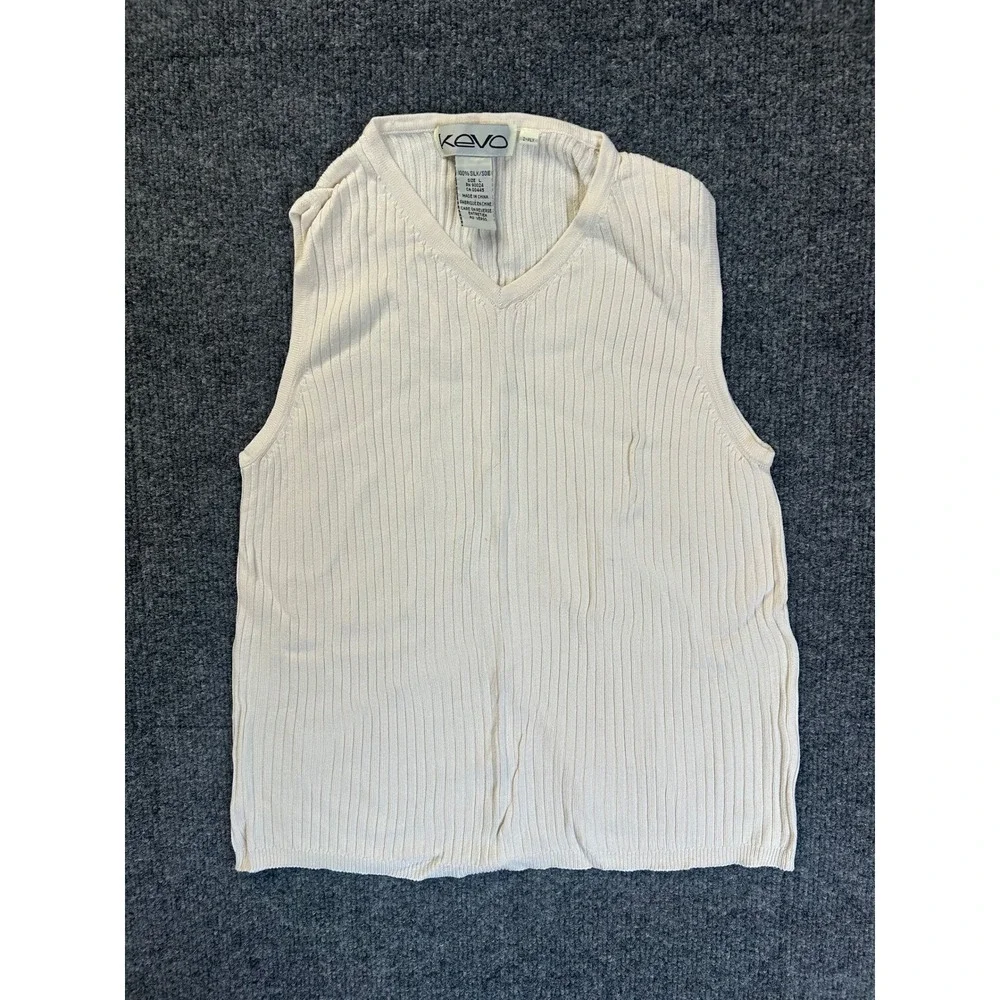 Kevo Sweater Vest Men Large Cream 100% Silk Ribbed V-Neck Sleeveless Knit Top
